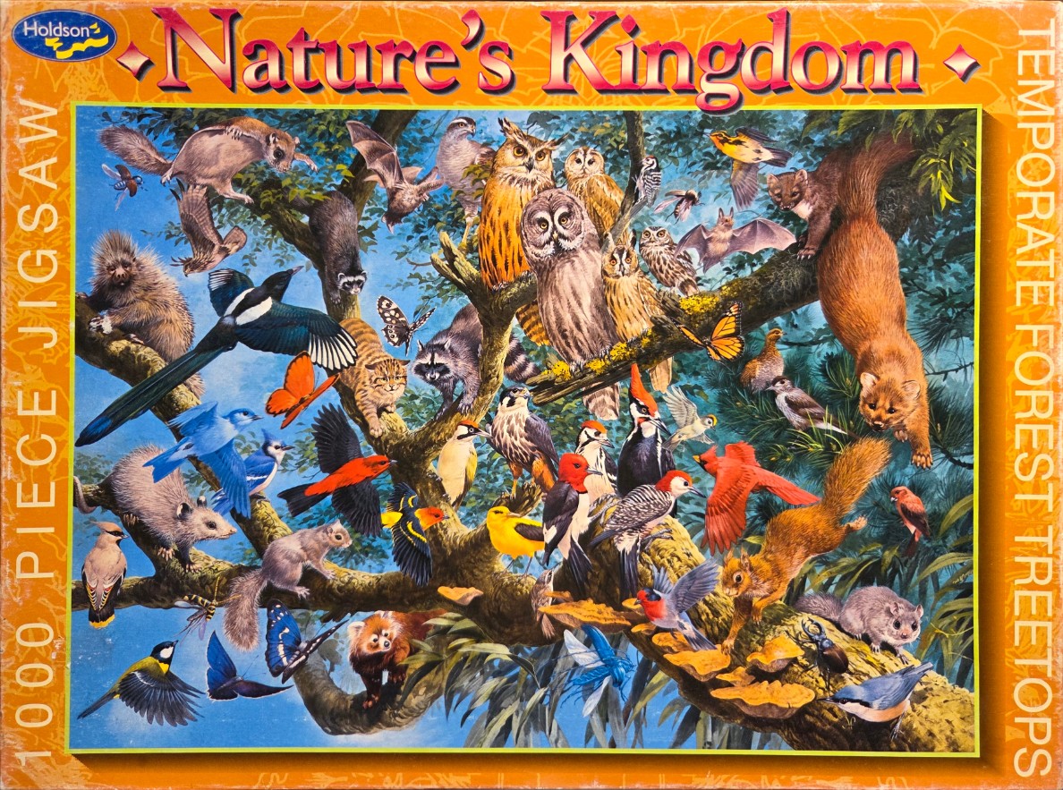 A densely populated forest scene featuring dozens of different North American animals and birds in a large oak tree.