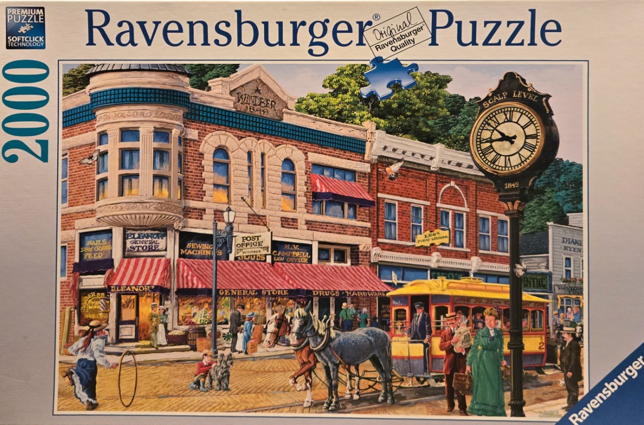 An illustration of a bustling 19th-century town square with brick storefronts, a horse-drawn trolley, and a street clock.