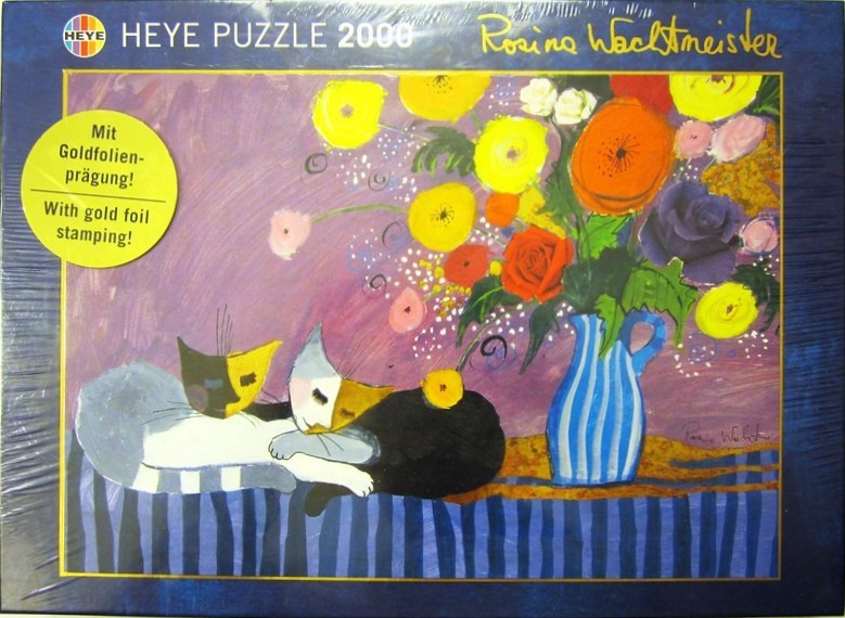 Painting of two stylized cats resting beside a vase of colorful flowers against a purple background.