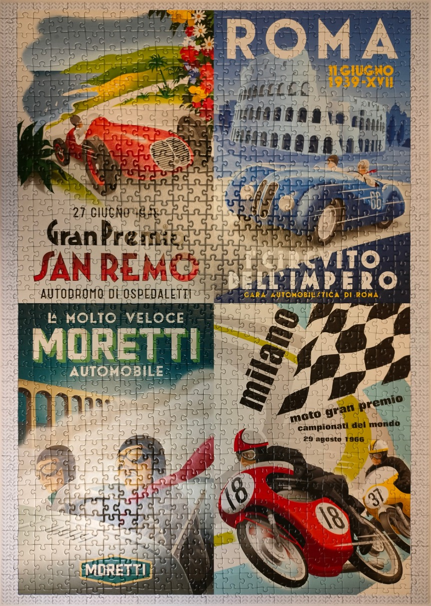 A collage of four vintage Italian racing posters featuring race cars, motorcycles, and historical landmarks.
