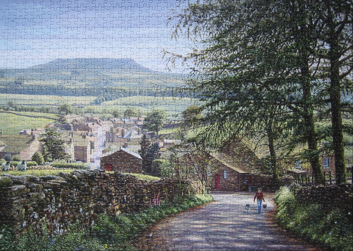 A peaceful English village scene with a stone cottage, dry-stone walls, rolling hills, and a person walking a dog.