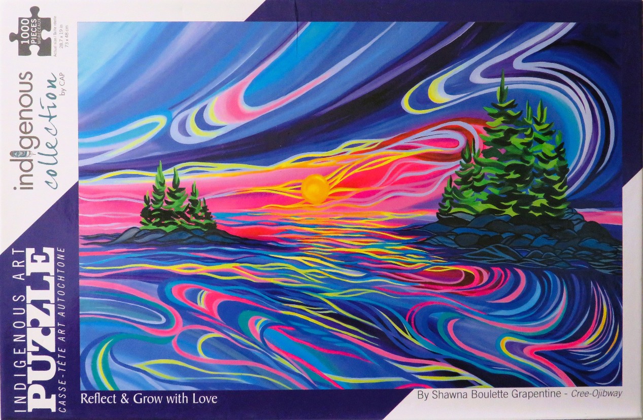 A vibrant oil painting by Shawna Boulette Grapentine depicting a sunset over a lake with swirling colorful water.