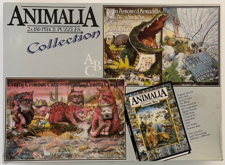 Collage of detailed illustrations featuring an alligator, armadillo, butterflies, and crimson cats catching crayfish.