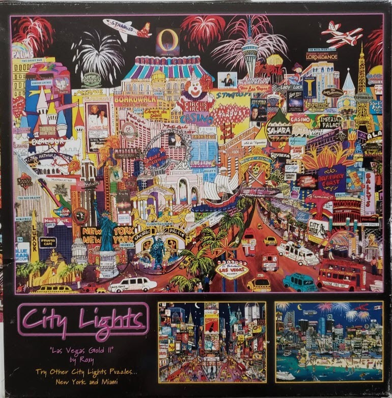 A dense, colorful illustration of the Las Vegas Strip at night, featuring iconic hotels and bright neon signs.