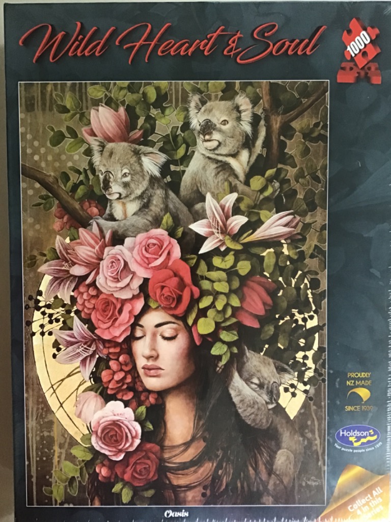 Illustration of a woman with closed eyes crowned in roses and lilies, surrounded by three koalas in a forest setting.