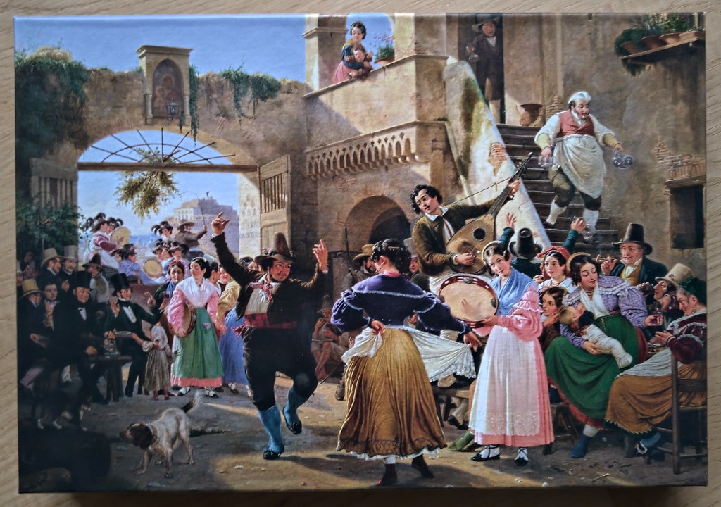 19th-century oil painting depicting a lively outdoor folk celebration with dancing, music, and an Italian architectural setti