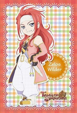 Chibi anime character Zelos Wilder with long red hair wearing pink and white clothing against a plaid background.