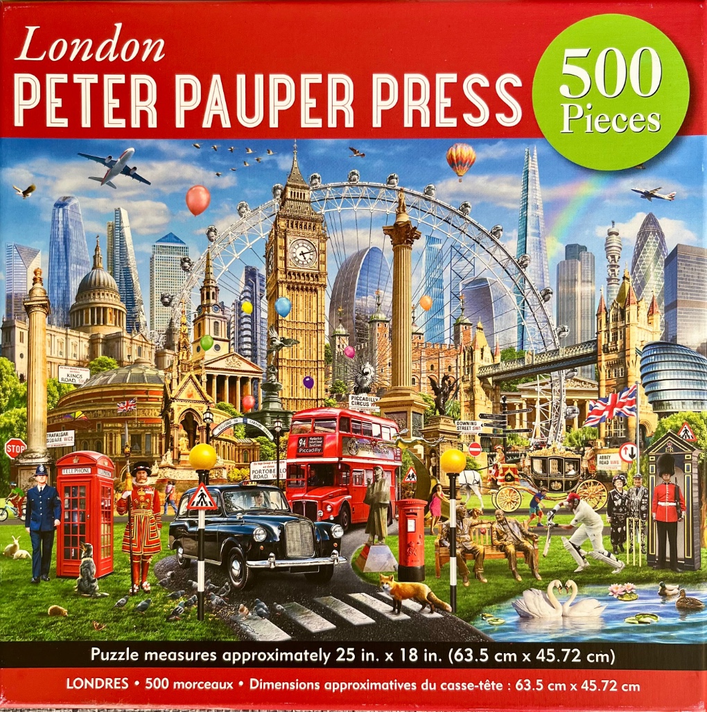 A whimsical, busy collage illustration of famous London landmarks, icons, and figures.