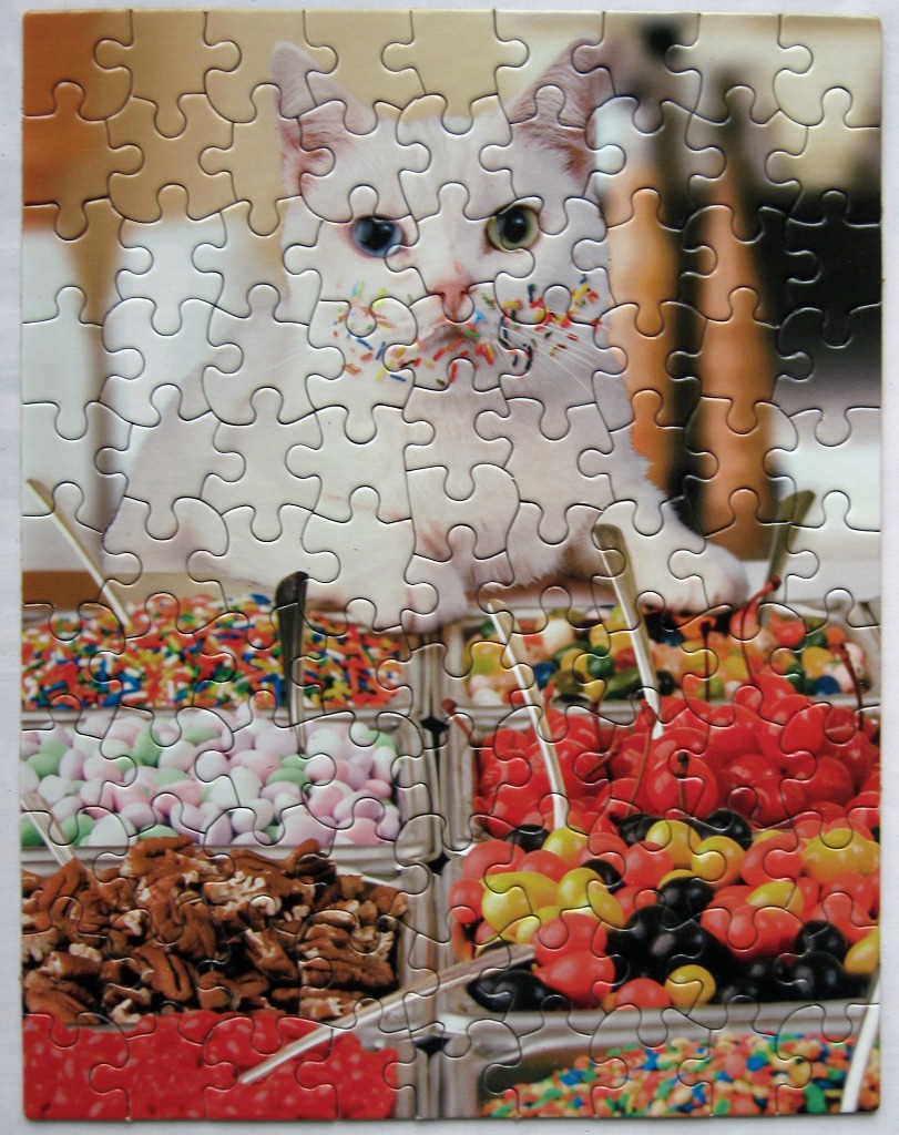 A white cat with multi-colored sprinkles on its face sitting behind bins of various candies and nuts.