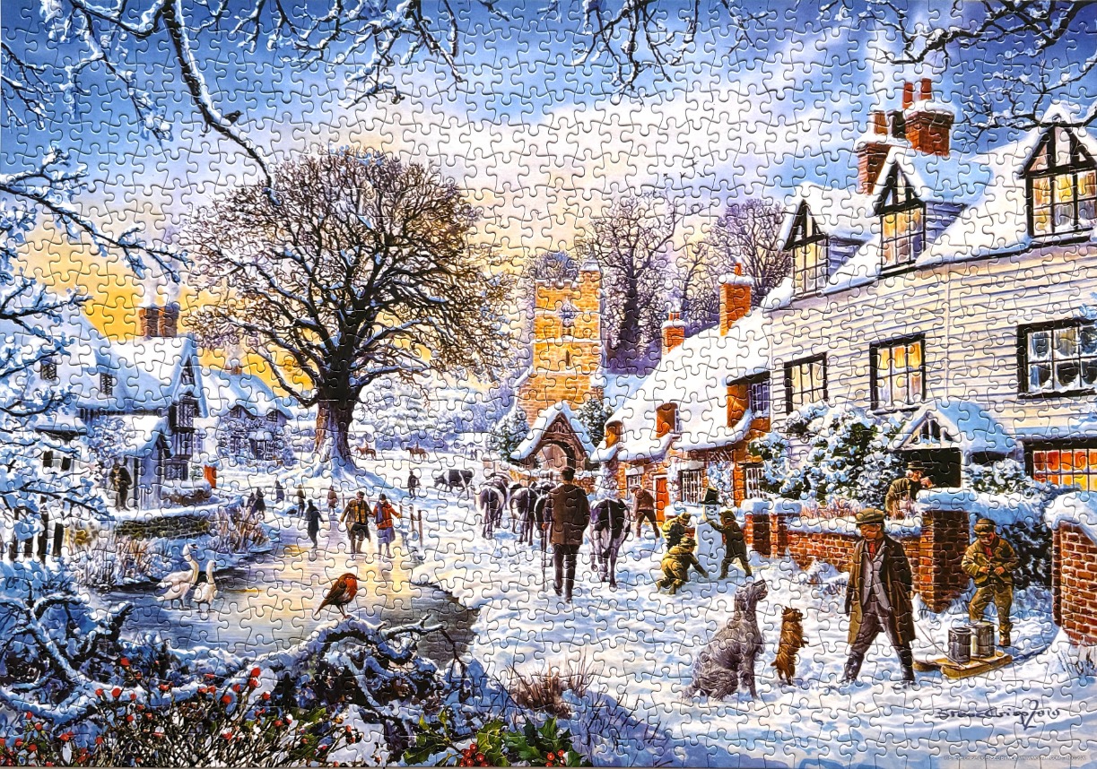 A nostalgic winter village scene with people, animals, and snow-covered cottages at sunset.