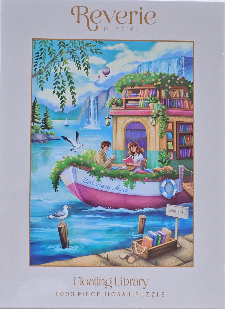 A whimsical illustration of a couple reading in a boat-shaped library floating on a calm blue lake near a waterfall.
