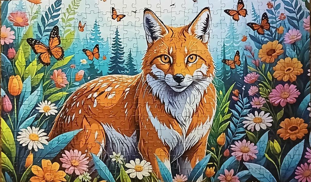A fox stands in a colorful garden filled with flowers and monarch butterflies, with a forest in the background.