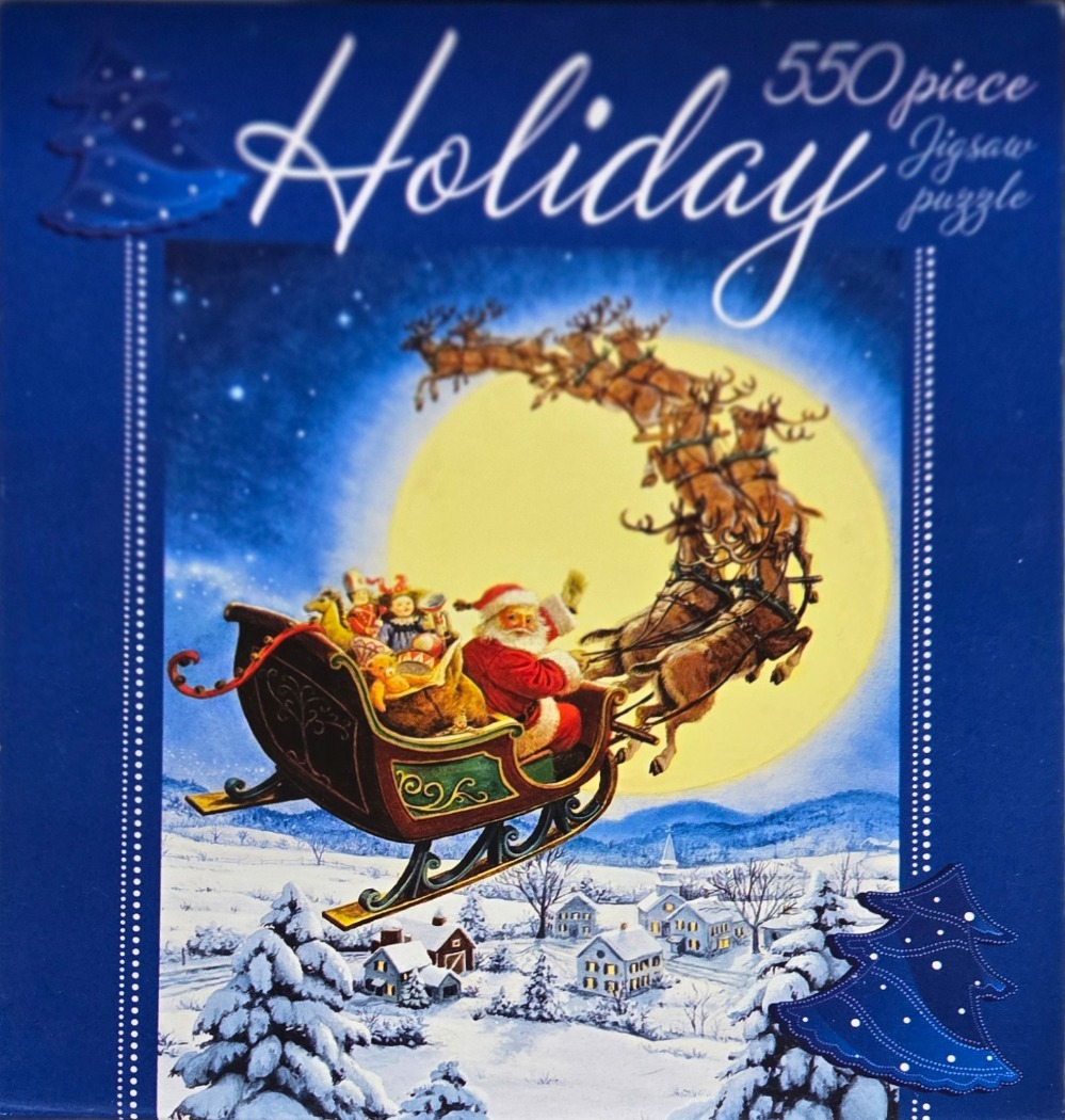 Santa Claus in a sleigh pulled by reindeer flying over a snowy village at night with a full moon.
