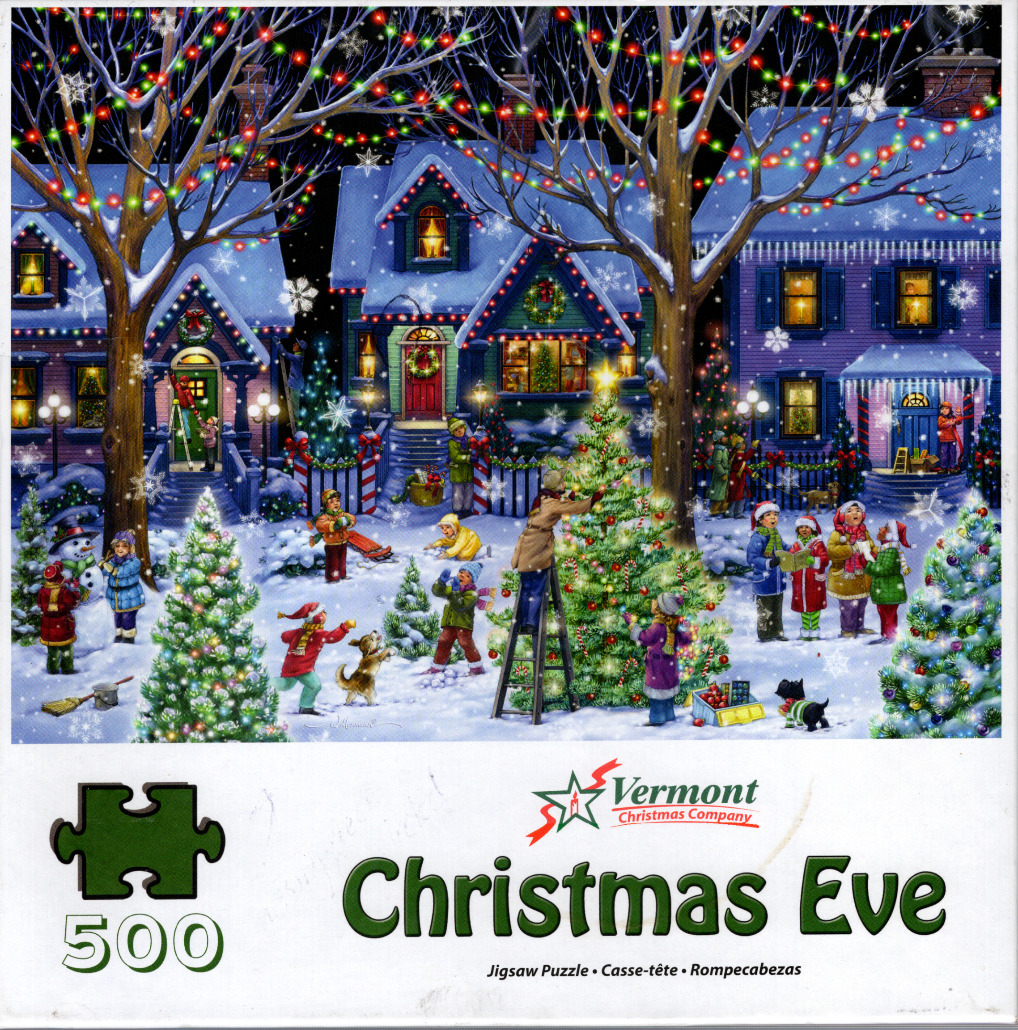 An illustration of a snowy neighborhood at night with children decorating Christmas trees and playing in the yard.