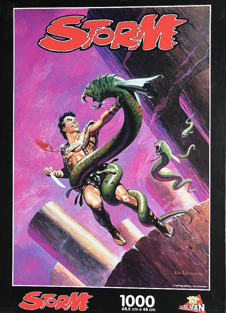 Comic book style painting of a hero named Storm fighting a green serpent in a vivid magenta alien landscape.