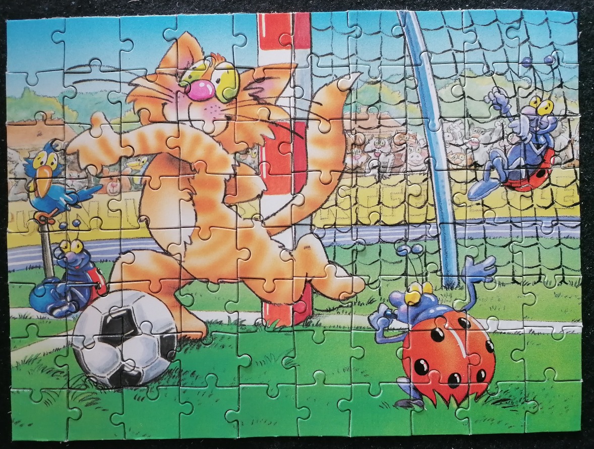 Cartoon illustration of an orange cat playing soccer against a team of ladybugs on a field.