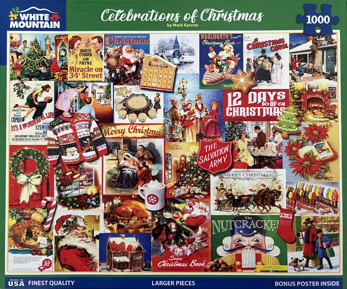 A nostalgic collage of vintage Christmas imagery, including movie posters, Santa Claus, nativity scenes, and holiday treats.