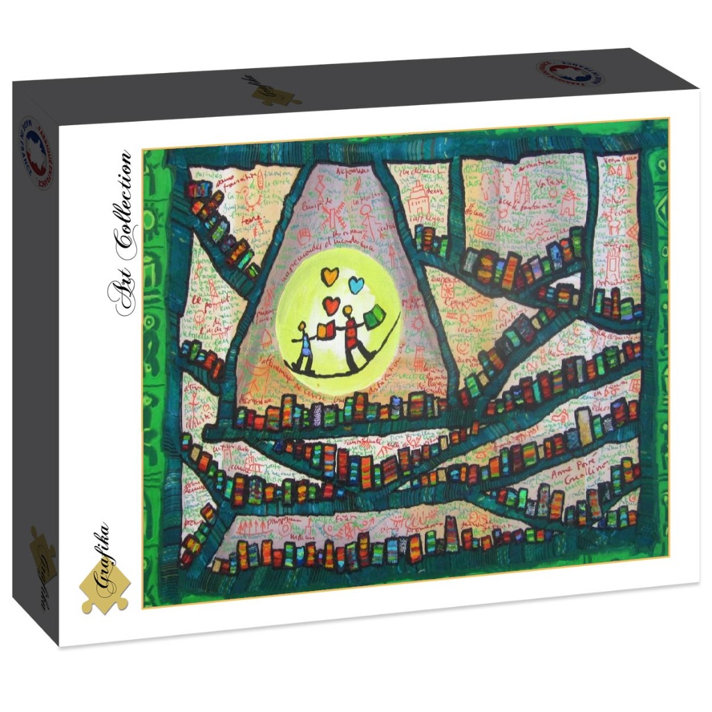 Whimsical painting of two figures reading in front of a sprawling, multi-layered bookshelf filled with handwritten notes.
