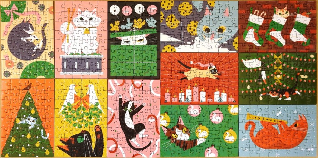 A grid of twelve whimsical holiday-themed illustrations featuring various cats in festive settings.
