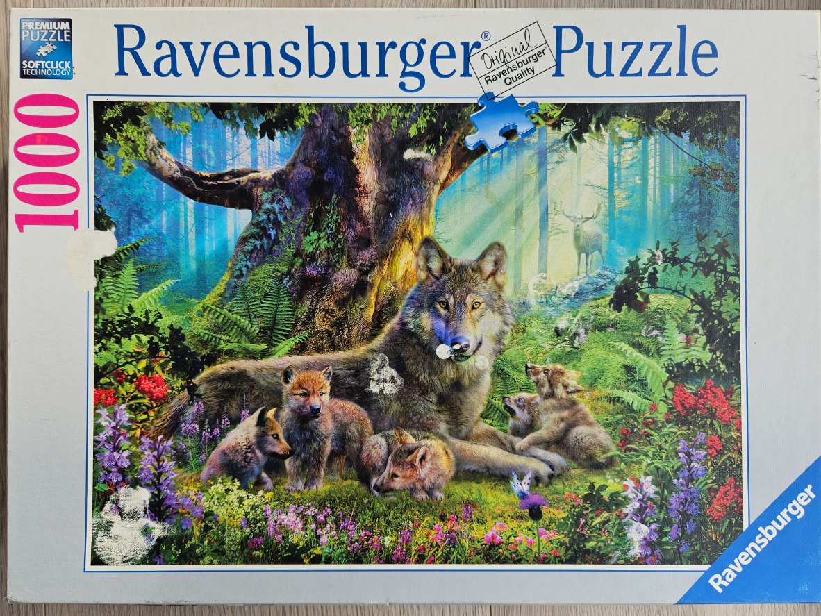 A mother wolf resting in a lush, vibrant forest with her four small pups surrounded by colorful wildflowers.