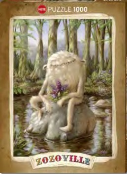 A fluffy white creature sitting on a rock in a forest holding a small bouquet of purple flowers.