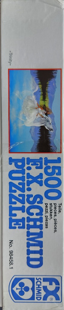 Abstract art with blue sky, water reflection, and white, orange shapes.
