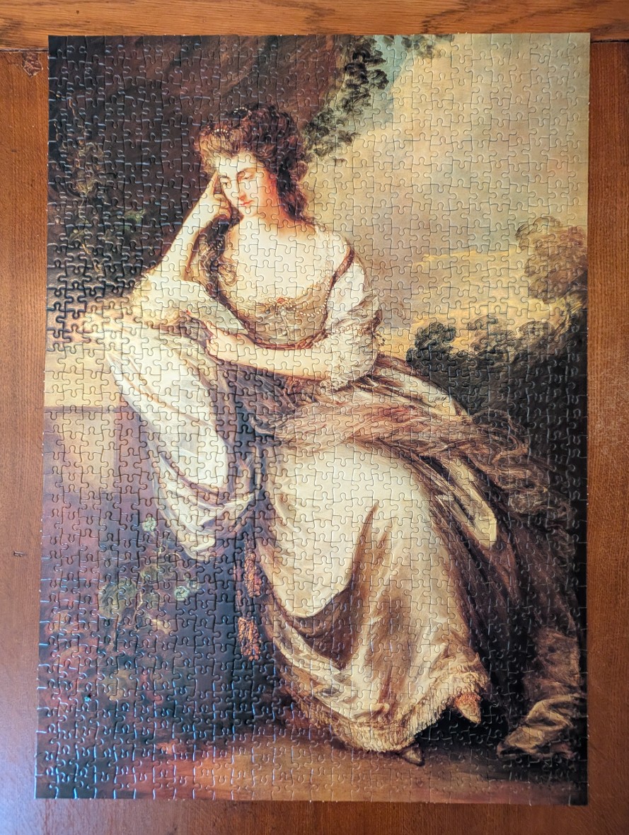 An oil painting of an 18th-century woman in a cream dress, resting her chin on her hand in a woodland setting.