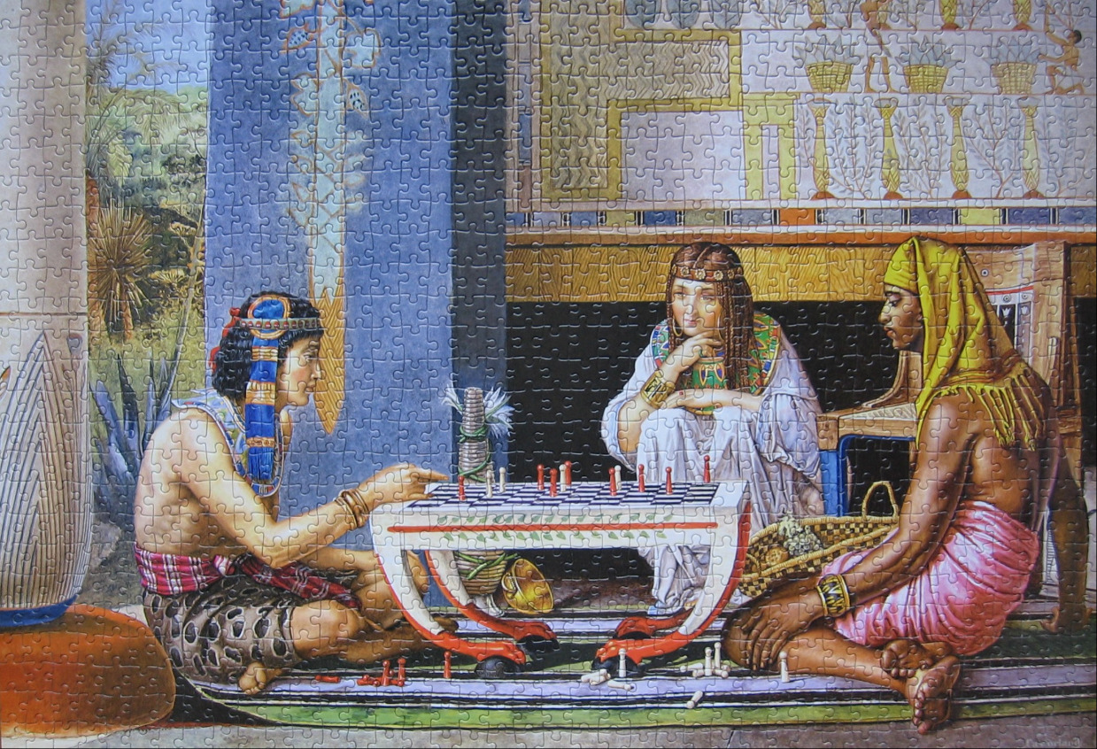 An illustration of three figures in Egyptian-style attire playing a board game in an indoor setting.