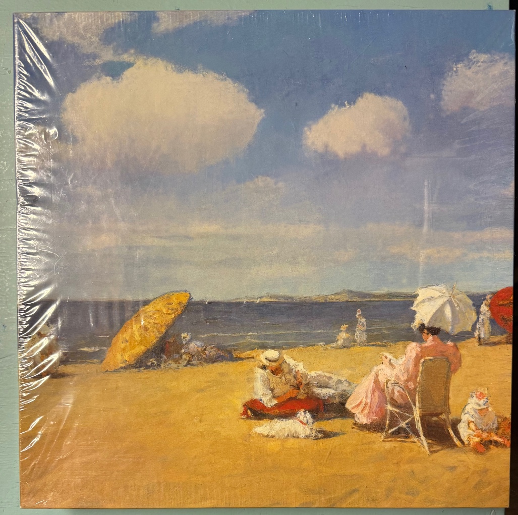 Impressionist painting of people relaxing on a sunny beach under parasols with a blue sky.