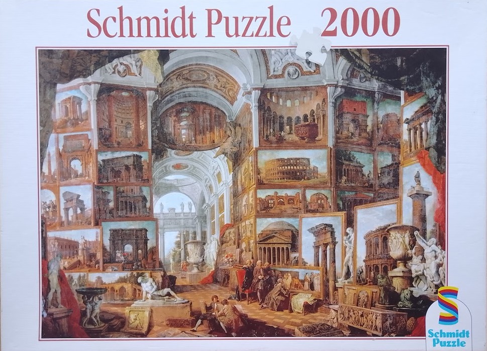An oil painting of a gallery filled with paintings of ancient Roman ruins and classical sculptures.