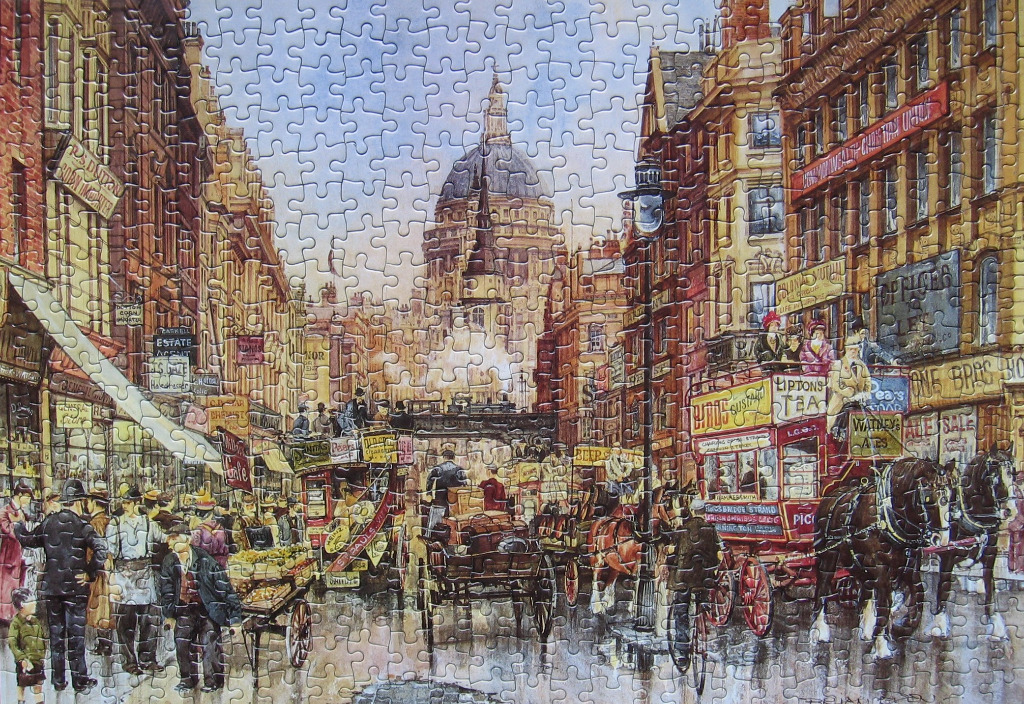 A vintage street scene illustration of London with St. Paul's Cathedral in the background.