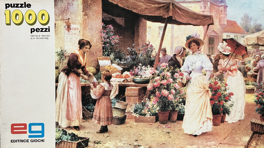 An oil painting of a Victorian-era outdoor flower market with women in period clothing shopping.
