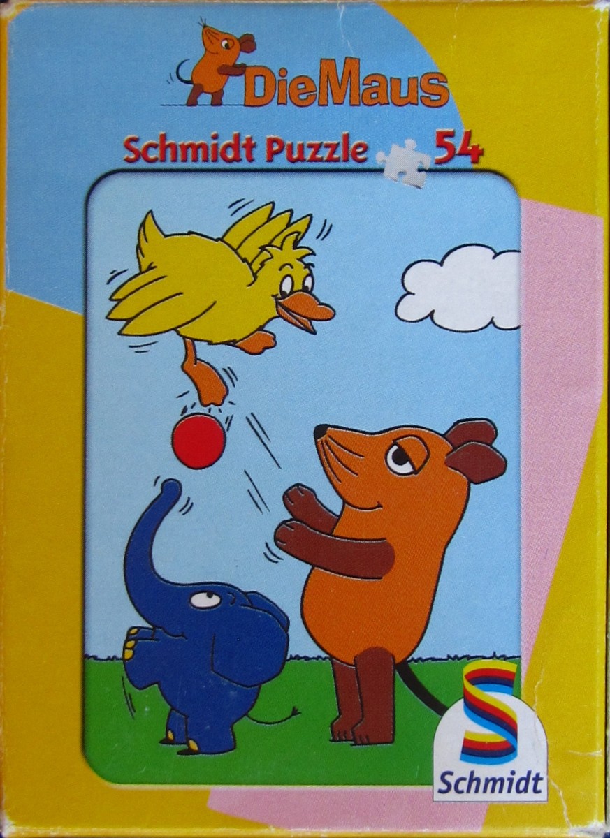 A cartoon illustration of a mouse, an elephant, and a yellow bird playing with a red ball in a grassy field.