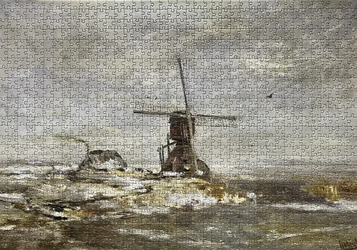An oil painting of a solitary windmill in a wintery, muted landscape.