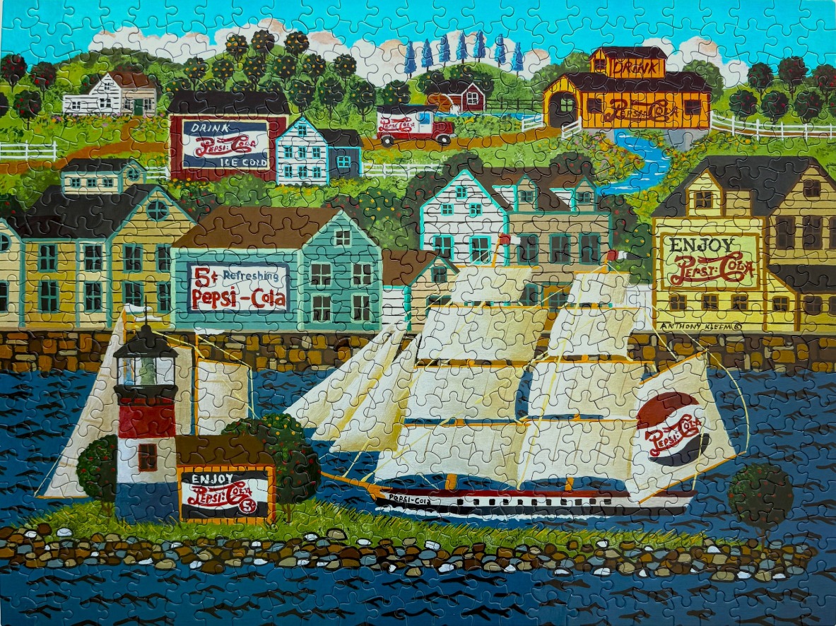 Folk art scene of a coastal town featuring historic buildings, a tall ship, and a lighthouse.