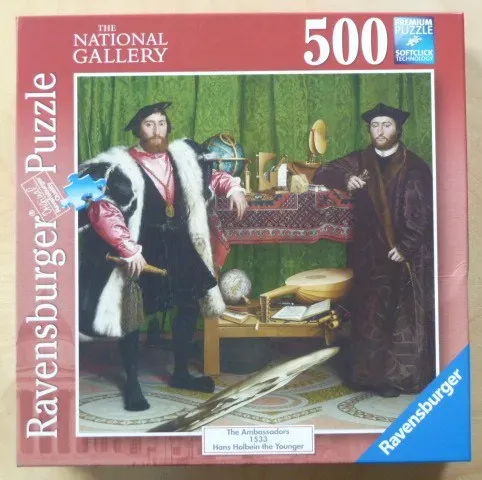 A reproduction of the Renaissance oil painting The Ambassadors by Hans Holbein the Younger.