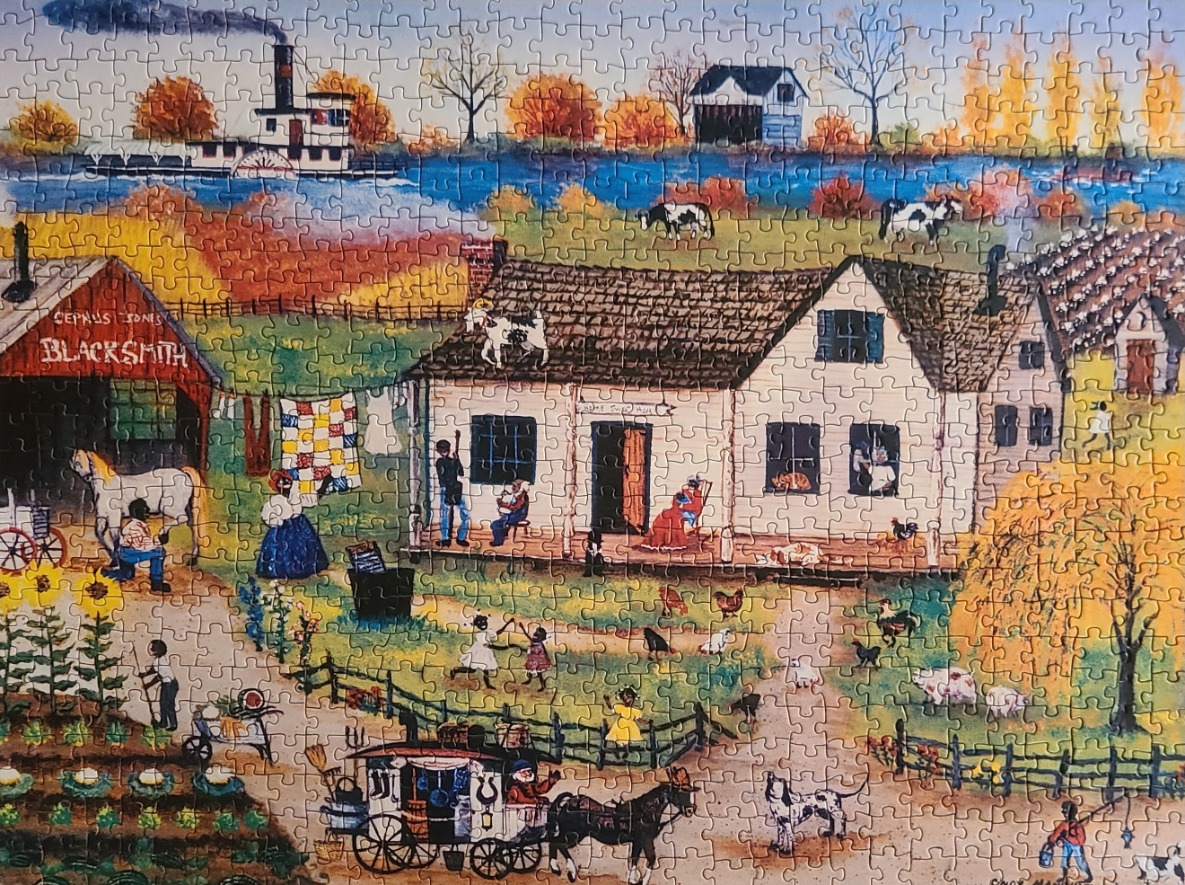 Folk art scene of a busy rural farmstead with a blacksmith shop, paddle boat on the river, and vibrant autumn trees.