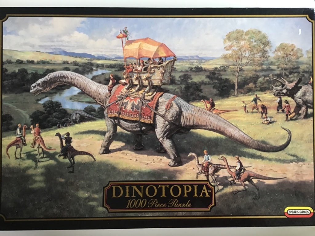 A fantasy illustration of humans riding a large sauropod dinosaur in a lush, pastoral landscape.