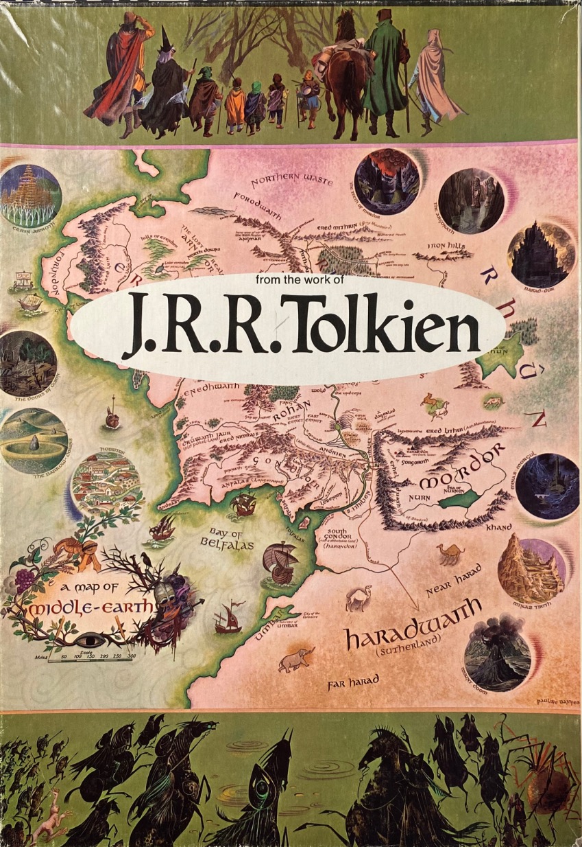 A map of Middle-earth surrounded by character vignettes and border illustrations.