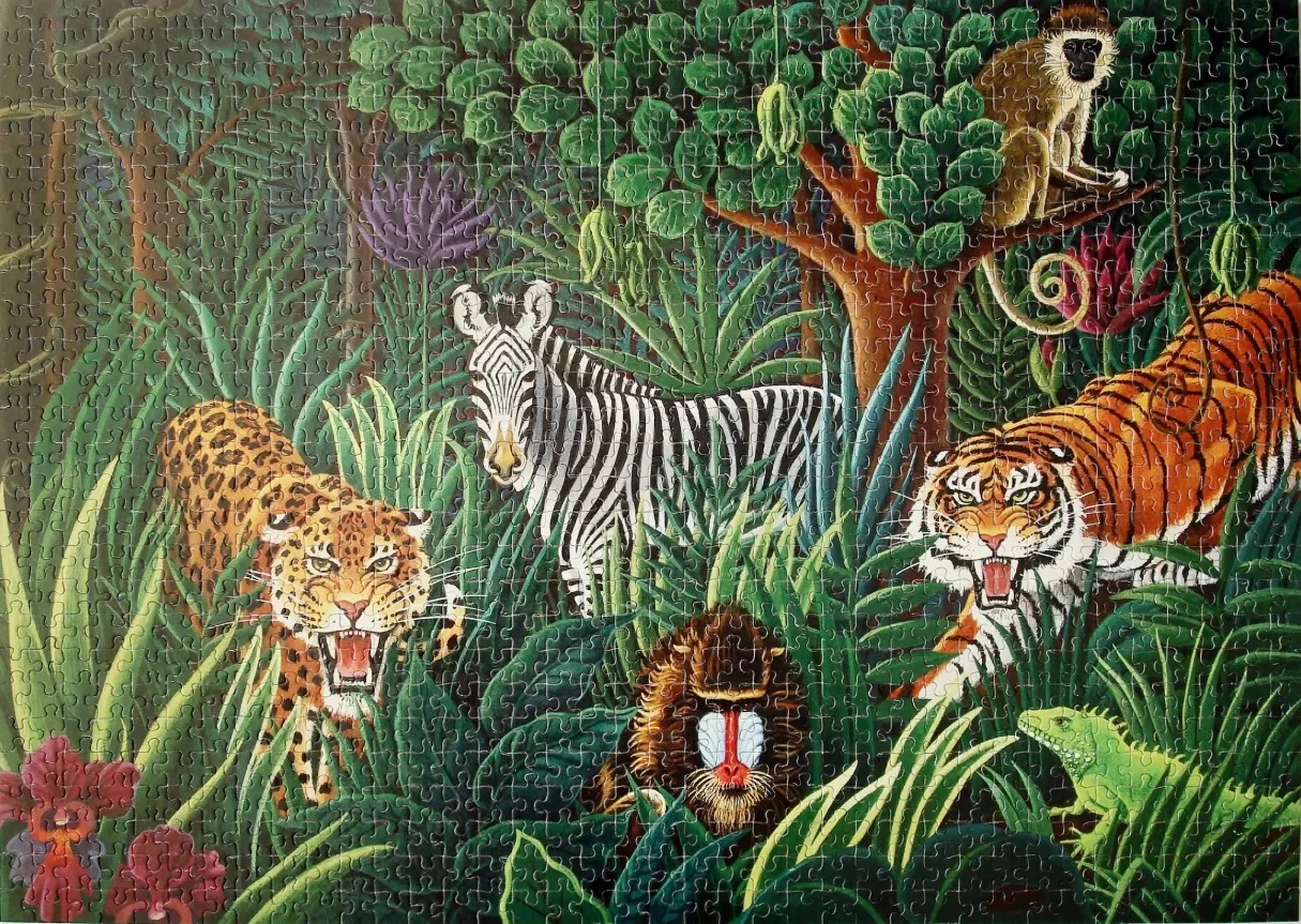 A lush jungle scene featuring a zebra, tiger, leopard, mandrill, and other animals hidden in dense vegetation.
