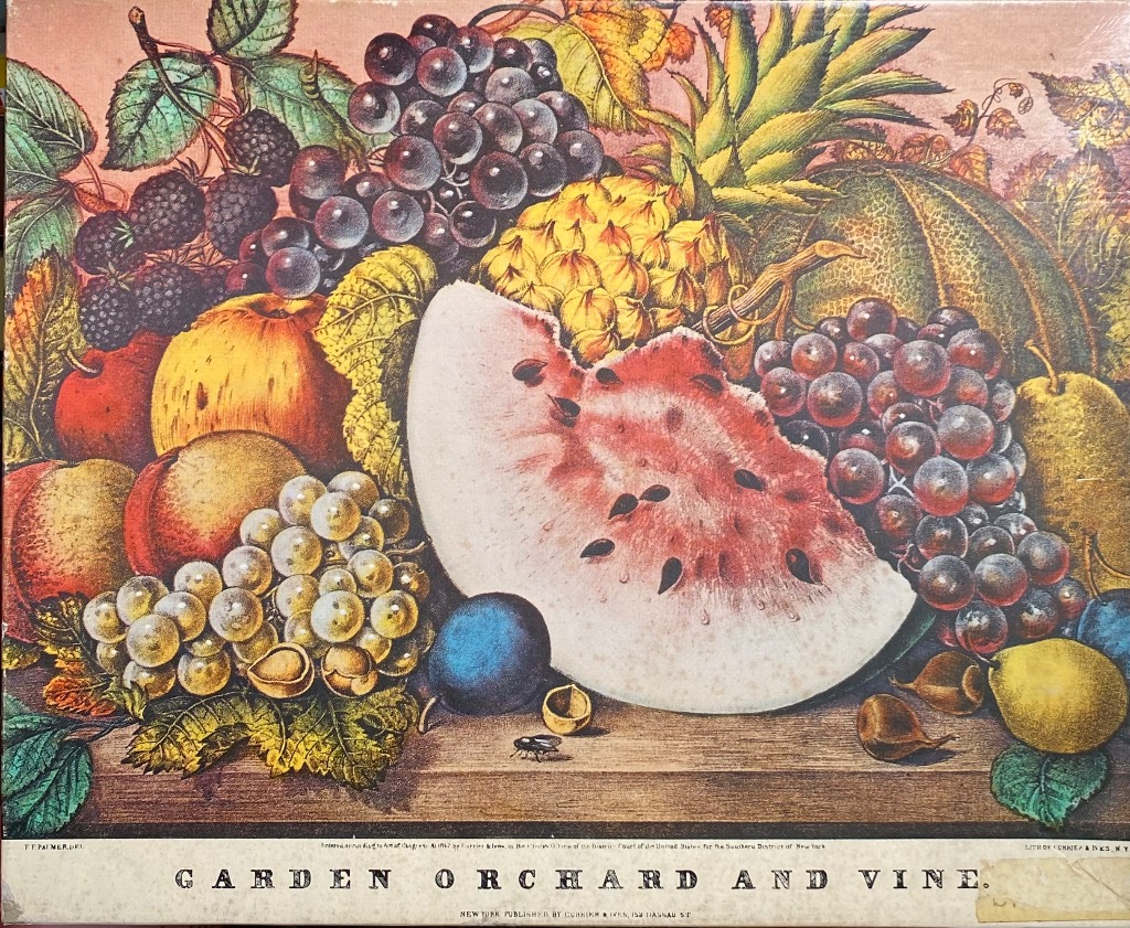 A vintage lithograph still life of a cornucopia of assorted fruits including grapes, watermelon, and pineapple.