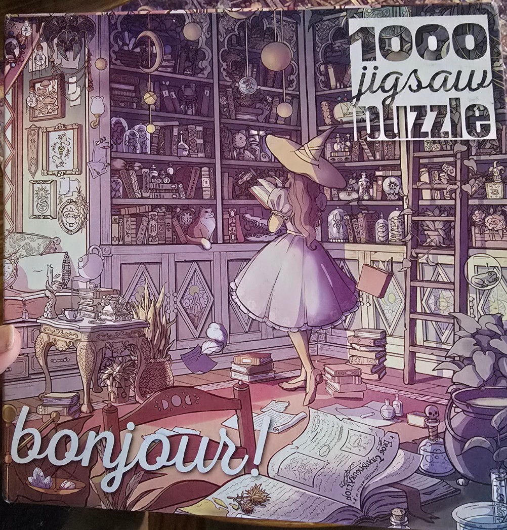 An illustration of a young witch reading in a whimsical, purple-toned library filled with magical artifacts.
