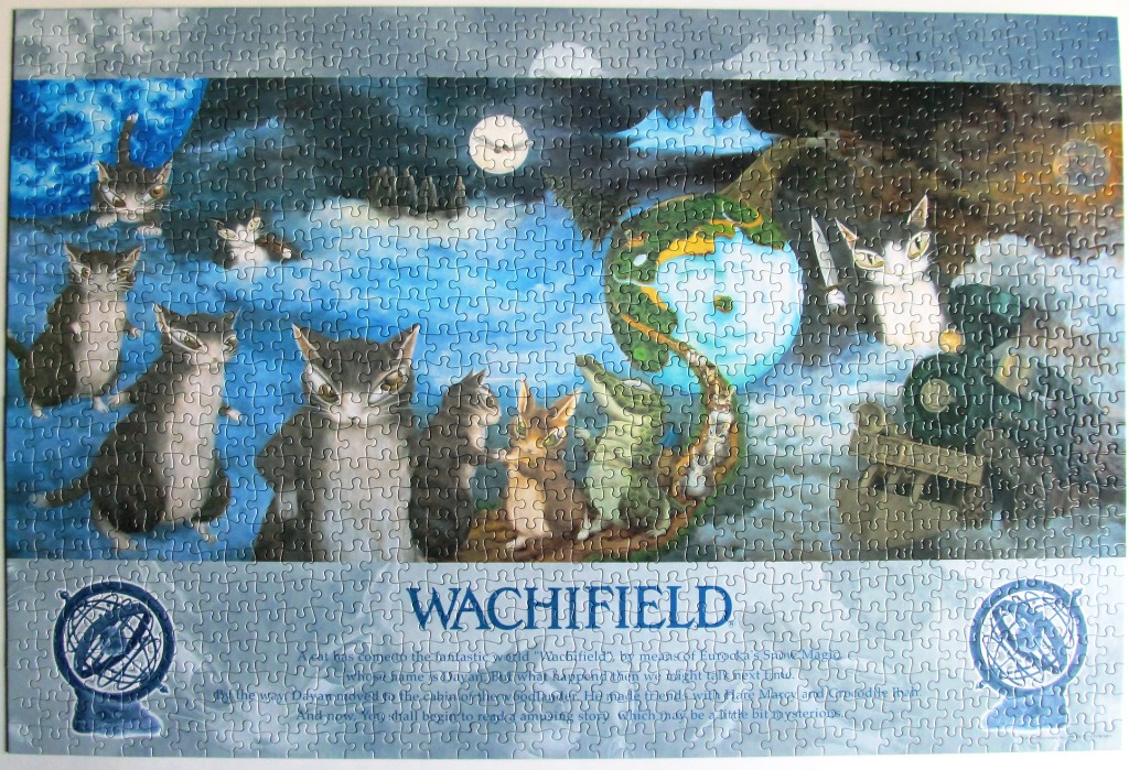 An illustration featuring a group of cats in a whimsical fantasy world with a globe and a locomotive.