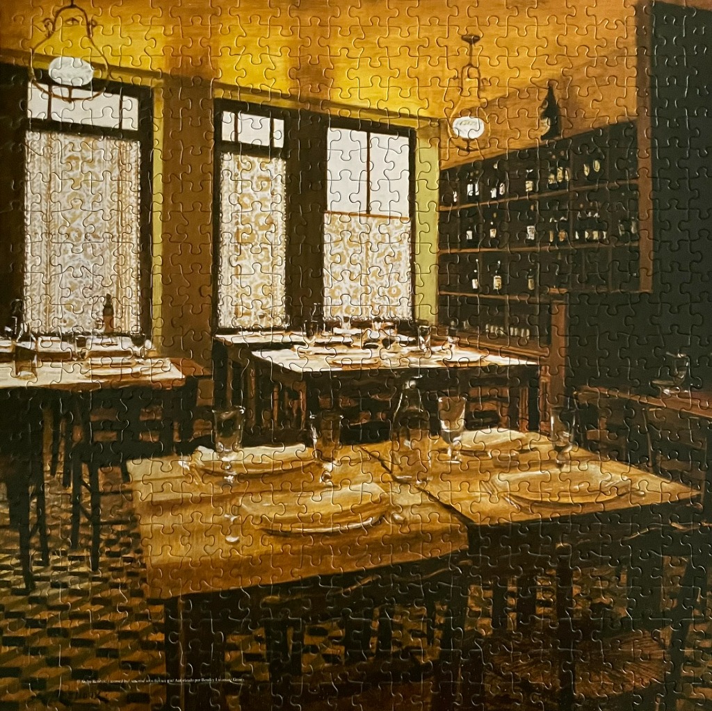 An impressionist-style painting of a dimly lit restaurant interior with tables set for dining.