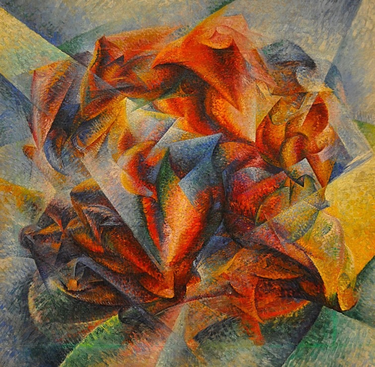 Abstract painting with fragmented geometric shapes in shades of orange, yellow, and blue.