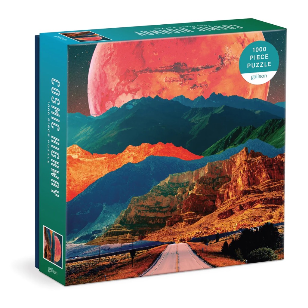 Surreal digital artwork of a desert highway leading towards a massive red planet rising over colorful mountain ranges.
