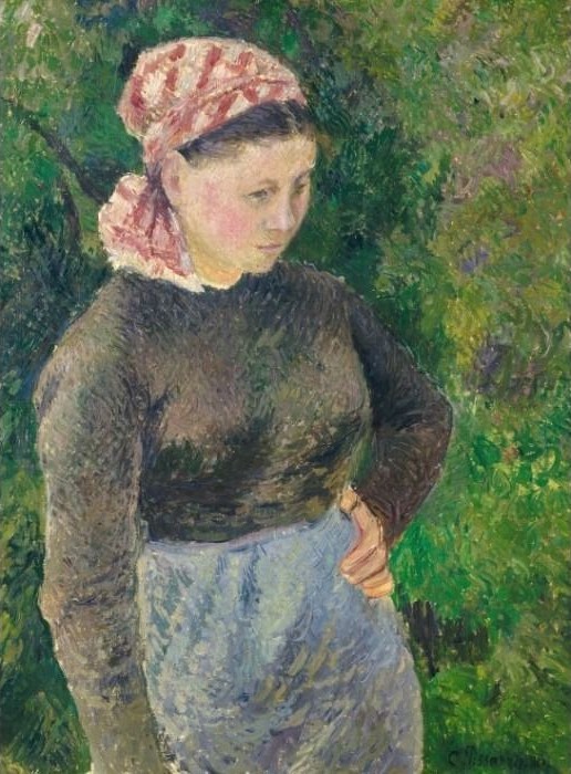 A painting of a young woman wearing a headscarf, depicted against a lush green garden background.