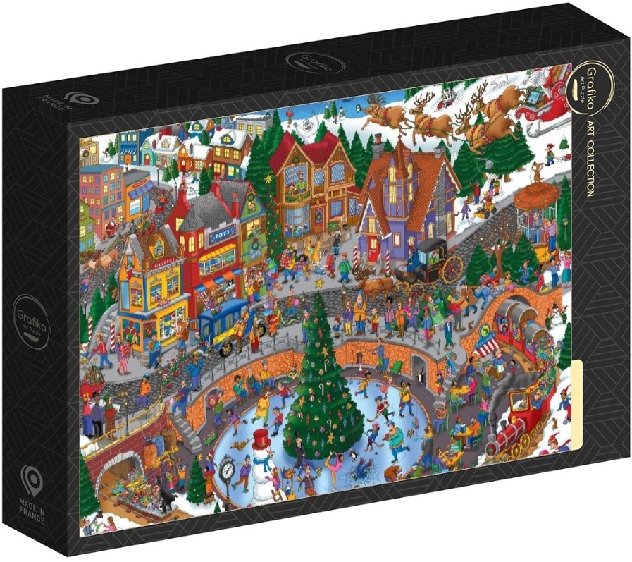 Illustration of a bustling, snow-covered Christmas town square with an ice rink and Santa flying overhead.