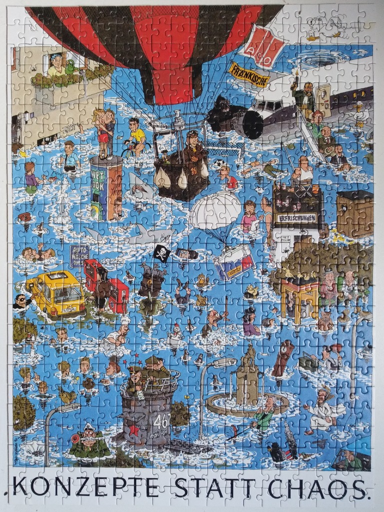 A humorous cartoon scene showing a city flooded with water, with people and vehicles navigating the chaos.