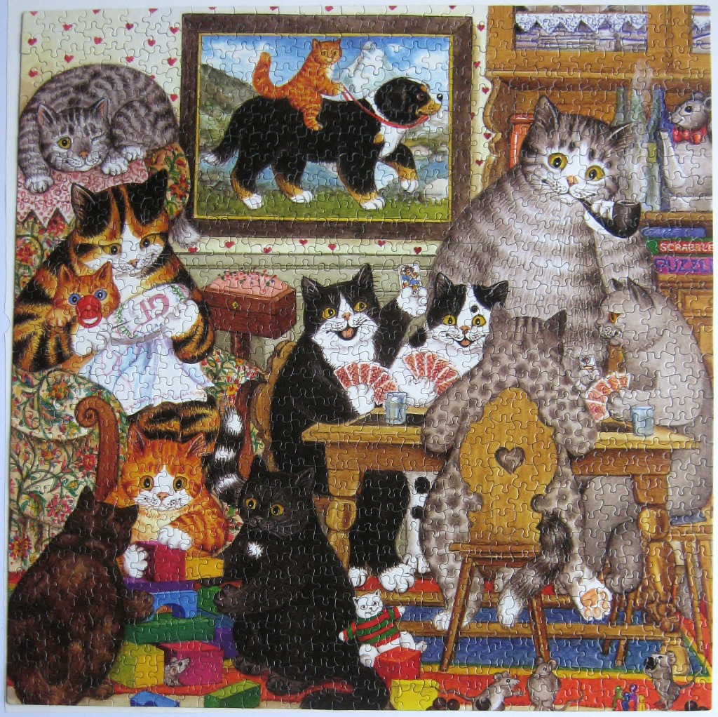 An illustration of various cats interacting in a cozy, cluttered room, with some playing cards and others at play.